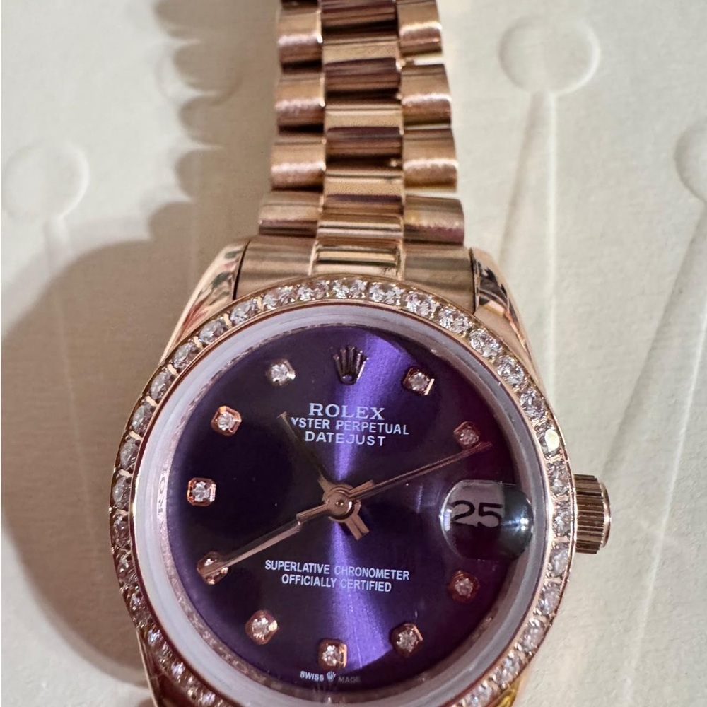 Rolex Rose Gold Watch with Diamond Bezel, Purple Dial - Picture 3 of 7